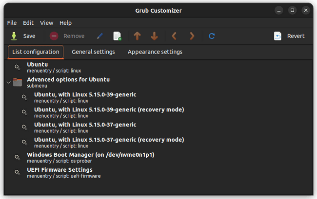 An example of the Grub Customizer GUI with options for Ubuntu and Windows
